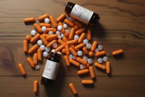 Orange and white pills with two prescription bottles scattered on a wooden table
