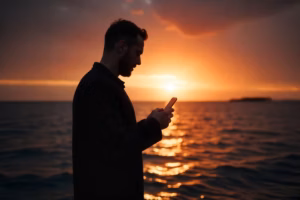 A man holding his phone during sunrise at the beach.