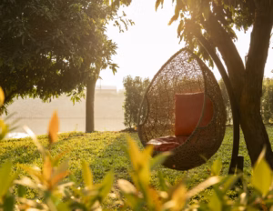A cozy hanging chair with red cushions sits in a peaceful garden, bathed in warm afternoon sunlight.