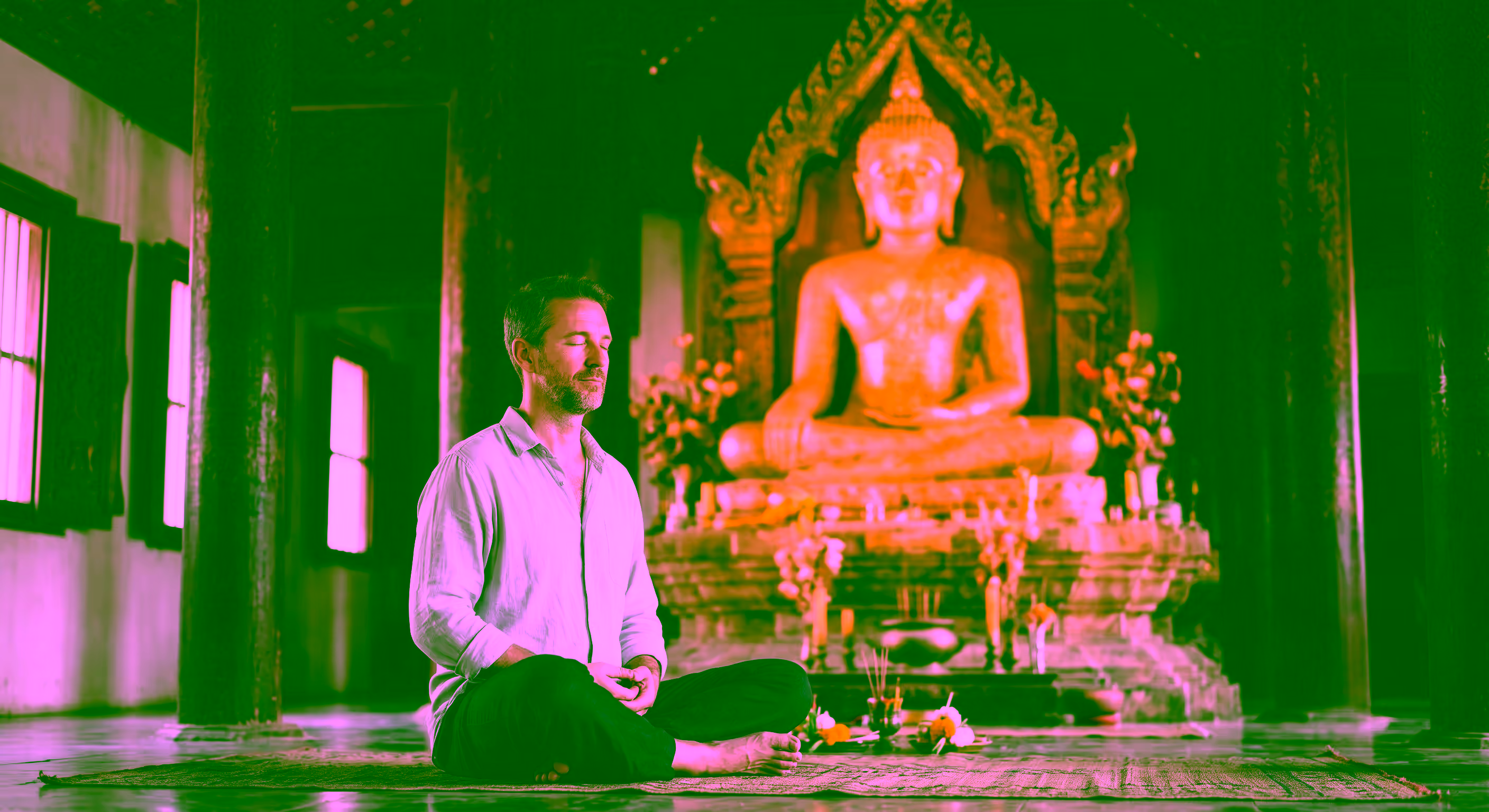 A middle-aged man with short greying hair, wearing a light linen shirt and dark trousers, sits barefoot in a cross-legged meditation posture with eyes closed on a woven mat inside a traditional Lanna-style wooden temple hall. Behind him, a large gilded seated Buddha rests on a carved stone pedestal surrounded by candles, incense sticks and marigold offerings, with soft daylight filtering through shuttered windows on the left.