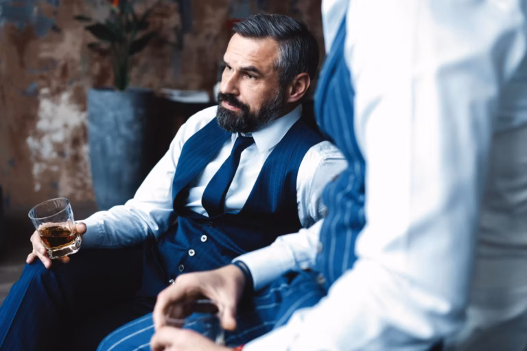 A distinguished middle-aged man with gray-streaked dark hair and a salt-and-pepper beard sits in a relaxed pose, wearing a navy pinstripe three-piece suit with a white shirt and dark blue tie. He holds a glass of whiskey in one hand while looking thoughtfully toward another person in the foreground, who is partially visible and also dressed in a white shirt and pinstripe vest, holding a drink. The setting features a rustic, weathered wall and a large planter in the background, suggesting an upscale, industrial-chic lounge.