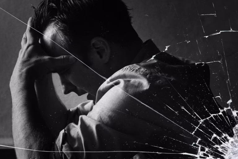 Black and white view of a distressed man holding his head behind cracked glass